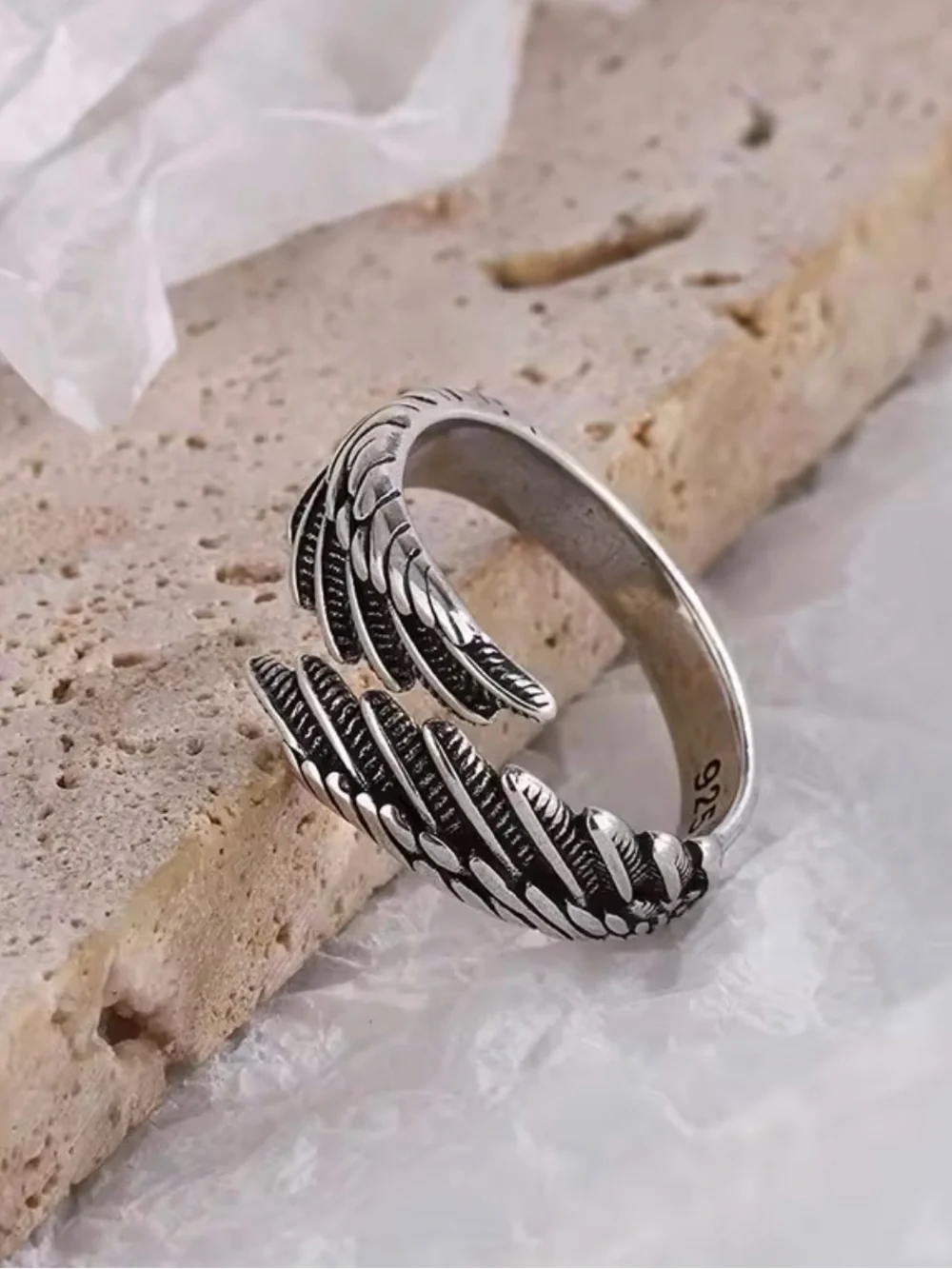 925 Sterling Silver Angel Wing Feather Adjustable Ring Oxidized Boho Statement